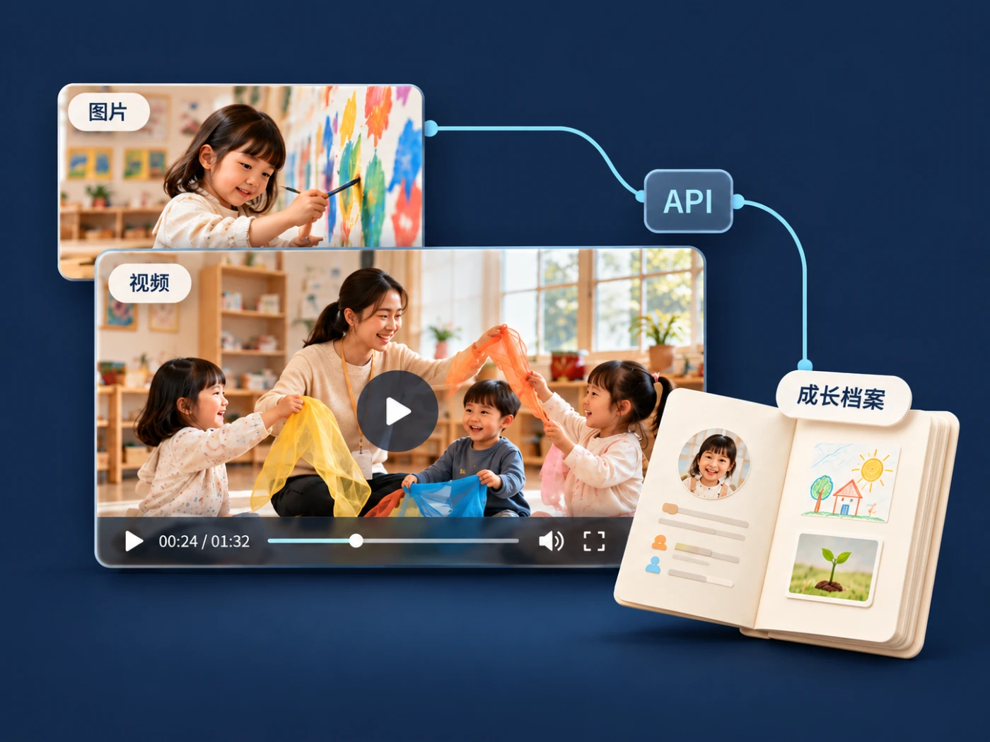 接入流程示意：孩子绘画的图片、老师带领彩巾活动的视频，通过 API 连接成长档案